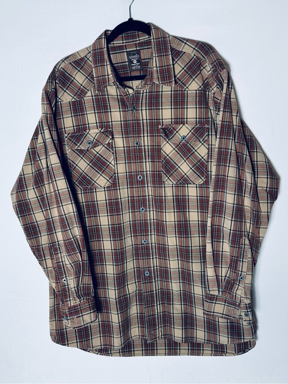 Vintage Y2K RedHead Brown Cream Plaid Cotton Western Yoke Work Shirt XLT